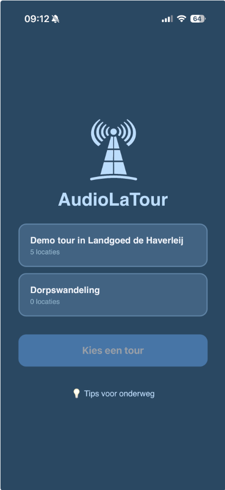 Startscherm van AudioLaTour op mobiel: keuze uit beschikbare tours