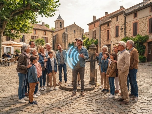 Groep luisteraars op een dorpsplein tijdens een geleide wandeling