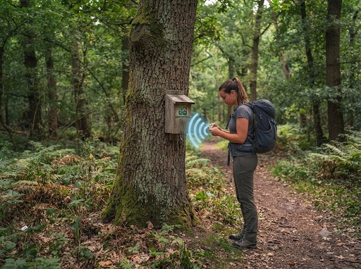 Speurtocht in het bos: wandelaar vindt een geocache bij een boom en krijgt een audio-hint