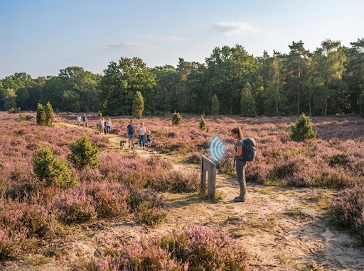 Wandelaar in een natuurgebied bij een informatiepaneel, met signaal-indicatie van een naderend audiofragment