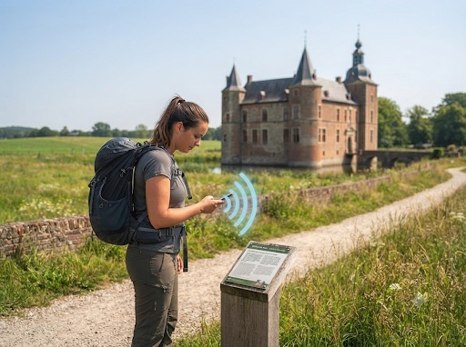 Wandelaar leest een gedicht bij een kasteel, met audio die automatisch start