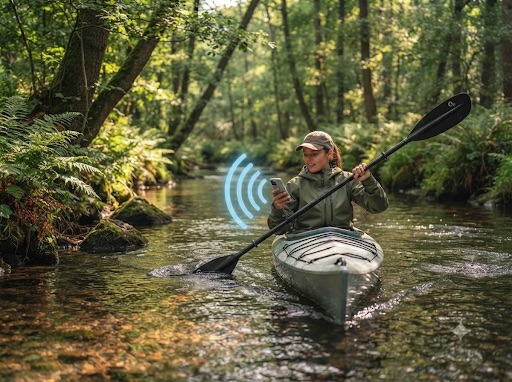Kajakker met telefoon in een bosrijke waterloop, luistert naar een audiotour